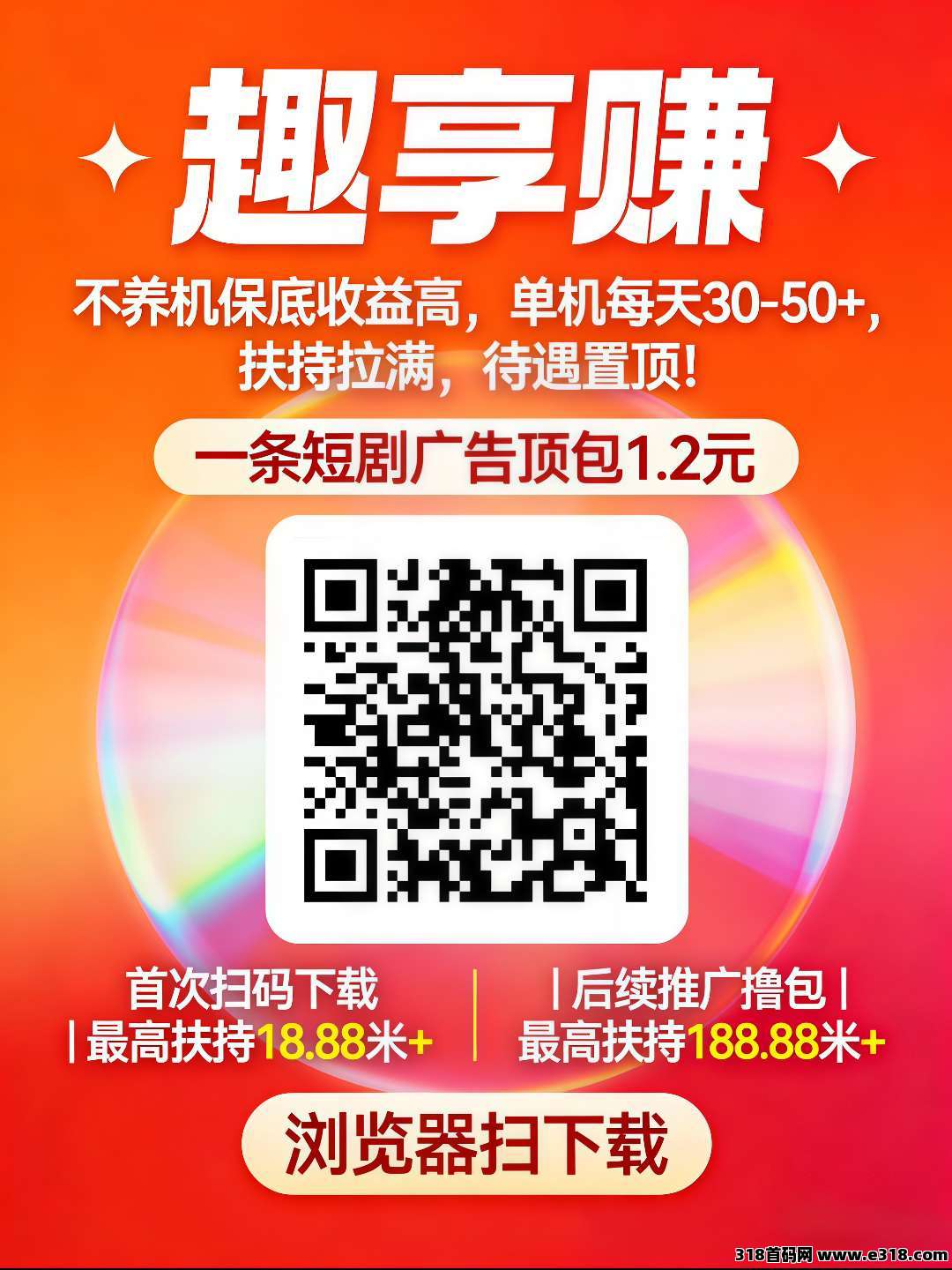 首码趣享赚，扫码下载高额扶持，看短剧广告领红包，不养机保底，单机每天收益高，扶持拉满！